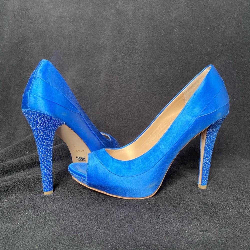 Blue Satin peep toe crystal heels